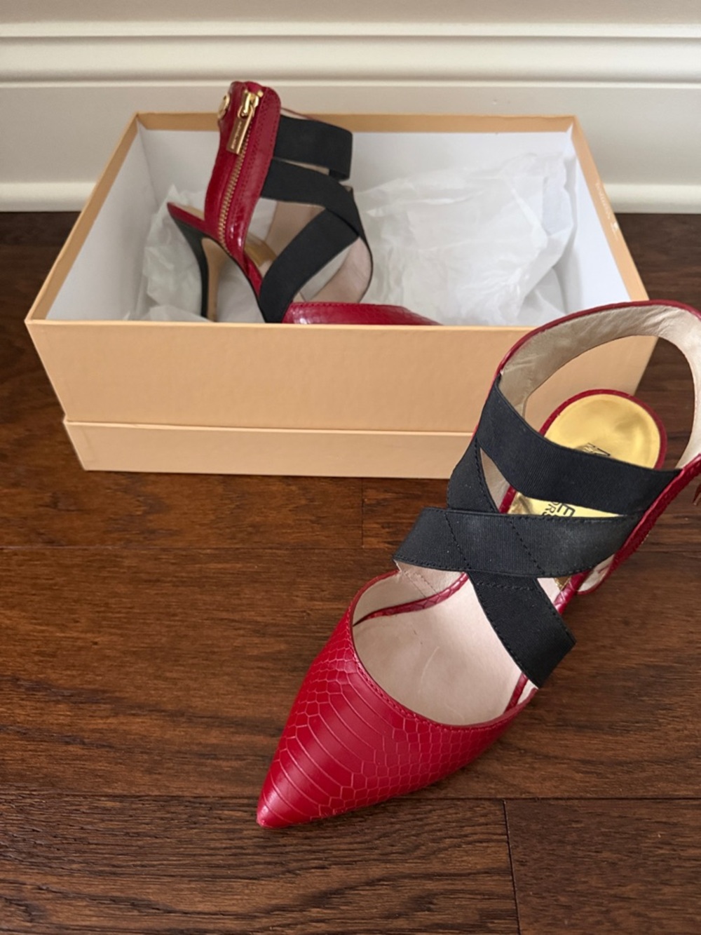 MICHAEL Michael Kors Red Pointed-Toe Heels with Black Crisscross Straps
